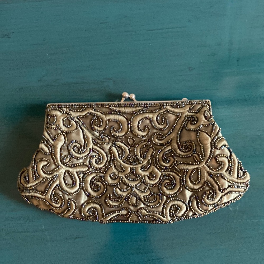 9” Olive Embroidered and Beaded Evening Bag with a long strap and short strap